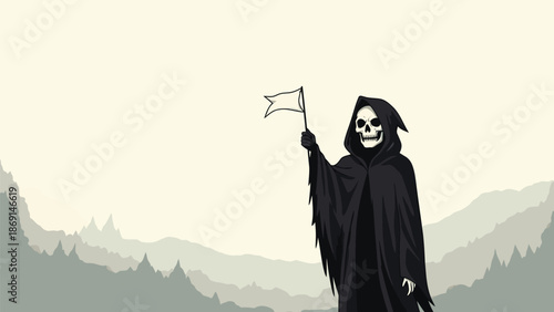 A powerful illustration of the Grim Reaper standing with a flowing white flag raised high in a serene, misty mountain and forest landscape.