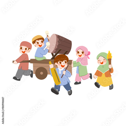 Muslim Children Celebrating with Torch Parade and Traditional Bedug Drum