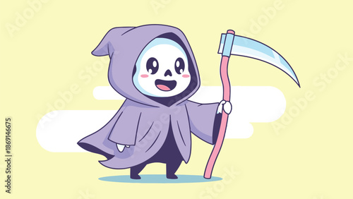 A cheerful and utterly adorable cartoon grim reaper child, dressed in a vibrant purple cloak, happily smiles while holding a cute pink scythe.