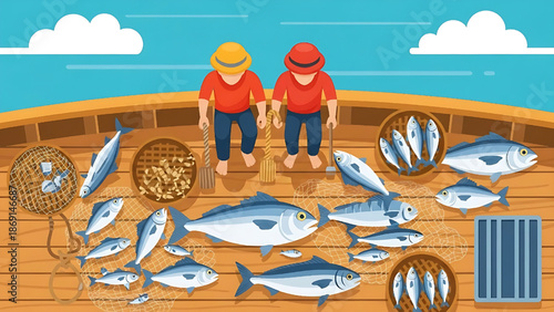 Fishermen with Fresh Catch on a Boat Deck, Illustrating Abundant Seafood and Maritime Livelihoods