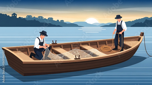 Fishermen casting nets into the water from a boat at sunrise