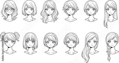 Anime female character head illustrations, diverse hairstyles, expressive faces, manga style, cute girls, digital art, concept design, Japanese aesthetic