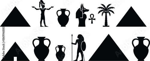 Ancient Egypt silhouette icons, pyramid, Anubis, amphora, warrior, ankh, palm tree, pharaoh, historical symbols, archaeology, black vector set
