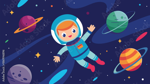 Cute cartoon spaceman enjoys an exciting adventure among planets and stars