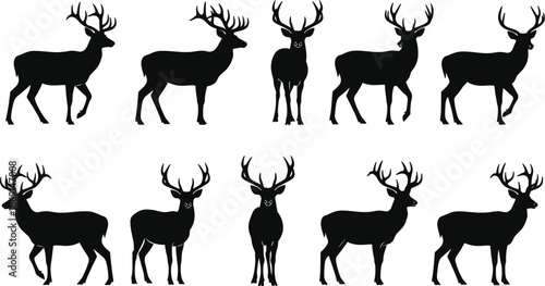 Black deer silhouette vector, antler animal icons, cartoon face oddity, wildlife pattern, visual puzzle, graphic design elements