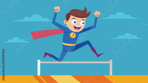 Dynamic Superhero Leaps Over Hurdle Celebrating Personal Achievement