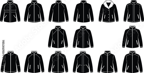 Black jacket design collection, fashion outerwear reference, stylish coat variations, garment catalog, trendy winter wear, apparel illustration set
