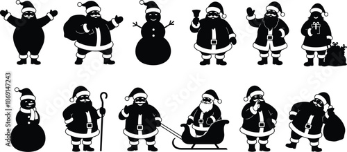 Christmas silhouette icons, Santa Claus poses, festive holiday characters, snowman illustrations, sleigh scene, winter celebration, black vector art