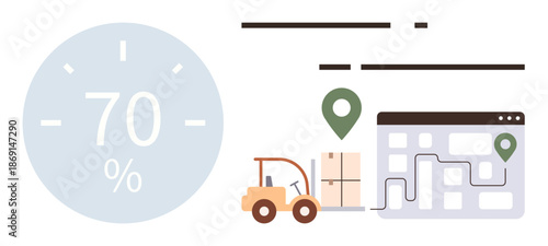 Logistics, supply chain, efficiency, delivery tracking, inventory management, progress monitoring. Vector showing forklift, package map location and progress bar. Logistics and supply chain