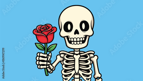 A charming cartoon skeleton with big eyes tenderly holds a vibrant red rose against a serene light blue background.