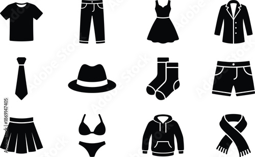 Clothing and Fashion Silhouette Vector Icon Set, t shirt, jeans, dress, bikini and hoodie design