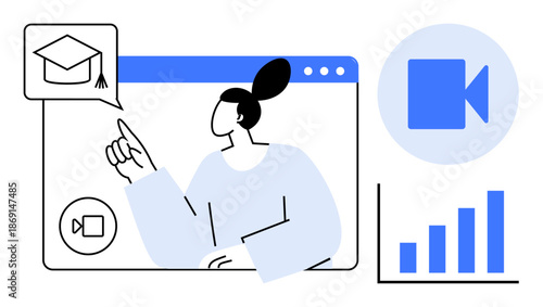 E-learning, online education, virtual classrooms, remote training, digital courses, data analysis. A person on a video call interface with educational and analytic icons. E-learning and online