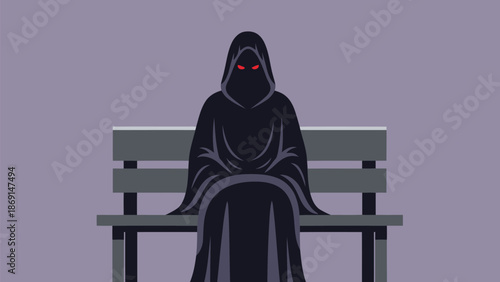A mysterious cloaked figure with piercing red eyes sits silently on a grey park bench against a muted purple backdrop.
