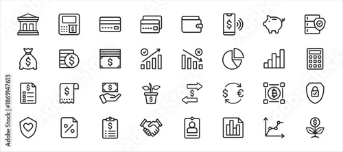 Finance and banking icon set in thin line design. Contains icon symbol of bank, atm, credit, debit, card, mobile banking, piggy bank, safe box, loan, investment, tax, insurance, transfer, report.