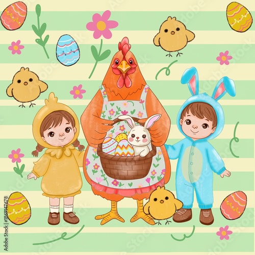 Cute Easter family illustration with chicken, bunny and kids