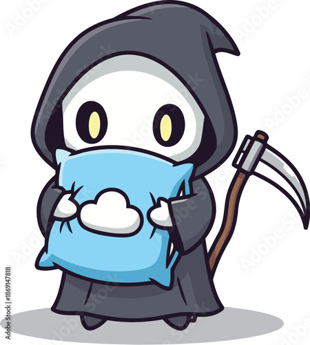 An incredibly cute chibi Grim Reaper, looking sweet and innocent, gently hugs a soft blue pillow ready for peaceful sleep.