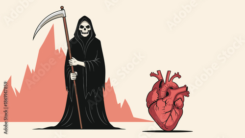 The imposing Grim Reaper with a sharp scythe stands solemnly beside a detailed anatomical human heart, symbolizing life's fragility.