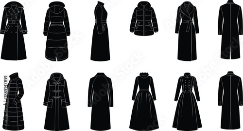 Women's coat silhouettes, fashion outerwear collection, trench, puffer, vintage styles, winter clothing, garment design, apparel template, stylish coats
