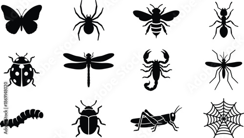 Insects and Bugs Silhouette Vector Icon Set, butterfly, spider, ant, dragonfly and mosquito design
