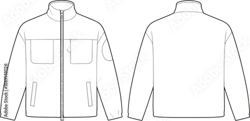 Technical flat sketch of a men's zip-up jacket featuring a stand collar, chest pockets, side pockets, and sleeve patch detail.