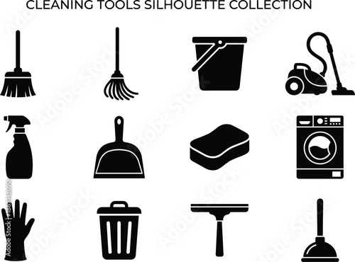 Cleaning Tools Silhouette Vector Icon Set, broom, mop, vacuum, bucket and housekeeping design