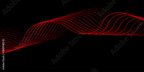 Abstract black and red vector illustration featuring a futuristic wave pattern with blue light gradients and motion curves for a high-tech business backdrop design