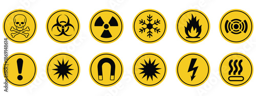 Safety warning icons collection featuring toxic, biohazard, radiation, electric shock, fire, radio waves, magnet, laser, cold, and heat hazard symbols, vector set in yellow and black for industrial, w