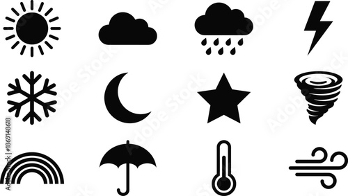 Weather Symbols Silhouette Vector Icon Set, sun, cloud, rain, snowflake, tornado and thermometer design