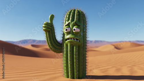 Funny Nervous Cactus Character Giving Thumbs Up in Hot Desert Sand