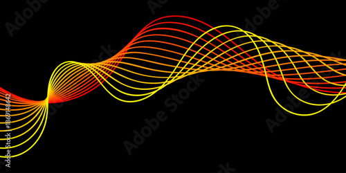 A futuristic digital illustration featuring an abstract colorful wave background with blue curved lines and motion patterns designed as a modern technological wallpaper backdrop