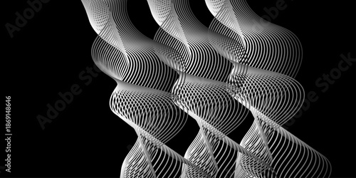 3d rendered illustration of a human head featuring a futuristic black and white abstract background with geometric fractal patterns and curved metallic wave lines for a modern art wallpaper design