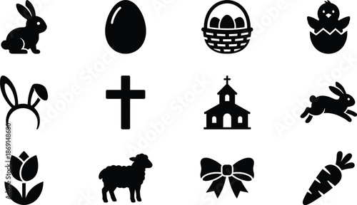 Easter Holiday Silhouette Vector Icon Set, bunny, eggs, cross, church, lamb and spring design