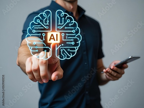 Innovative businessman touching a global social network icon on a mobile screen to symbolize successful internet communication and web connection