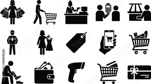 Shopping and Retail Silhouette Vector Icon Set, customers, carts, tags, online store and payment design