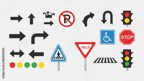 Collection of road signs and traffic symbols for navigation