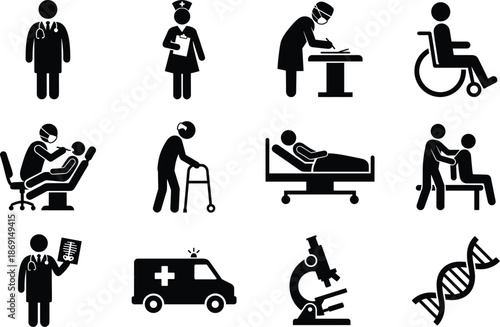 Doctor and Medical Staff Silhouette Vector Icon Set, dentist, nurse, wheelchair patient and hospital symbols