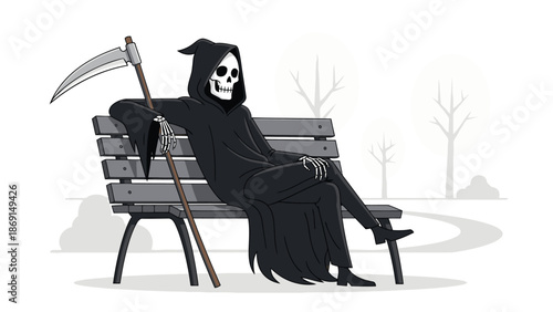 The patient Grim Reaper, taking a serene break from his duties, casually rests on a park bench with his scythe.