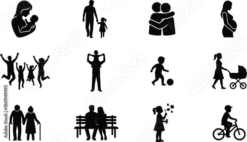 Family and Life Generations Silhouette Icons Set - Parenting, Children, and Elderly Couple Vector Illustration
