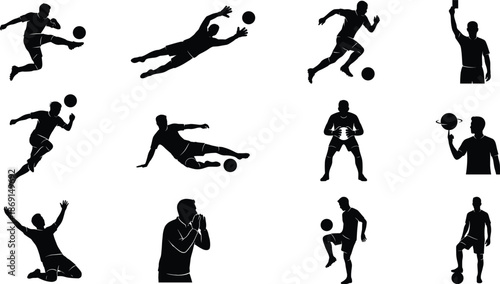 Soccer and Football Championship Silhouette Icons Set - League Match, Team Sports, and Athlete Vector Illustration
