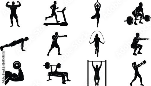 Bodybuilding and Strength Training Silhouette Icons Set - Weightlifting, CrossFit, and Cardio Vector Illustration

