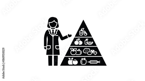 Healthy food pyramid illustration with a presenting doctor a distinctive silhouette