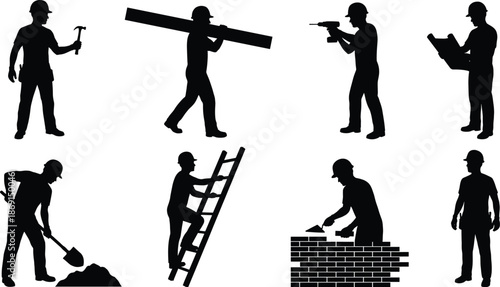 Construction Worker and Builder Silhouette Icons Set - Contractor, Engineer, and Manual Labor Vector Illustration
