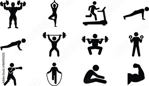Fitness and Gym Workout Silhouette Icons Set - Bodybuilding, Cardio, and Yoga Exercises Vector Illustration
