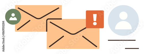 Email organization, business communication, digital notifications, message alerts, user interface, online messaging. Two envelopes, alert icon and profile icons. Email organization and business