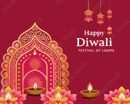 A festive diwali celebration with ornate gate lamps and beautiful lotus flowers