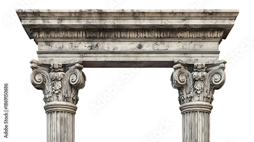 Detailed classical stone columns with ornate Corinthian capitals and an architrave isolated on white for architectural design