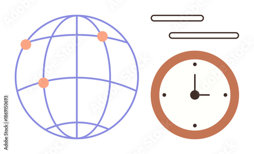 Global communication, time tracking, international connectivity, project planning, digital business, teamwork. Globe with connection points and analog clock. Global communication and time tracking