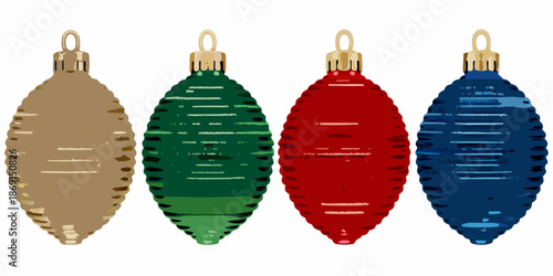 A colorful arrangement of four textured christmas ornaments in a row