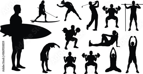 Silhouetted sports activities, surfing, boxing, weightlifting, stretching, squatting, sit-ups, black figures, white background, fitness motion, vector illustration, athletic concept
