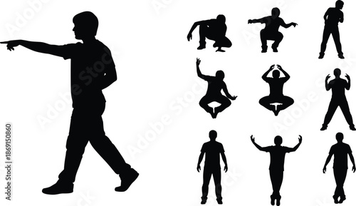 Silhouetted person poses, walking, pointing, squatting, jumping, meditating, dancing, expressive movement, black figures, white background, posture variety, vector illustration